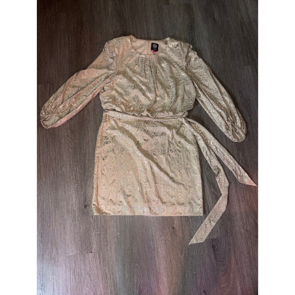 Vince Camuto Metallic Gold Leopard Print Balloon Sleeve Mini Dress Size 14